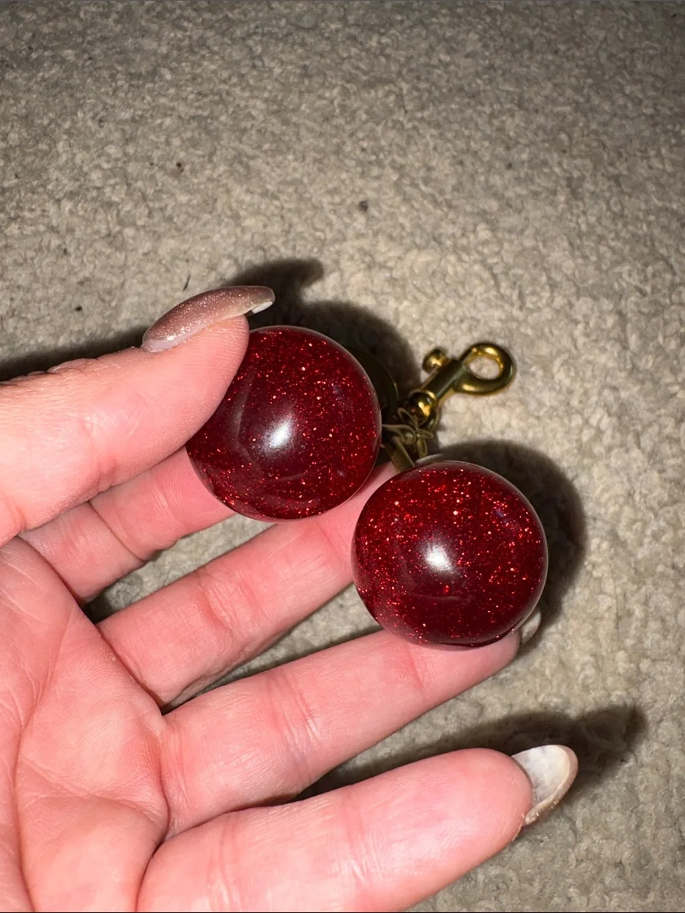 Gold-Tone Cherry Keychain with Red Glitter Cherries